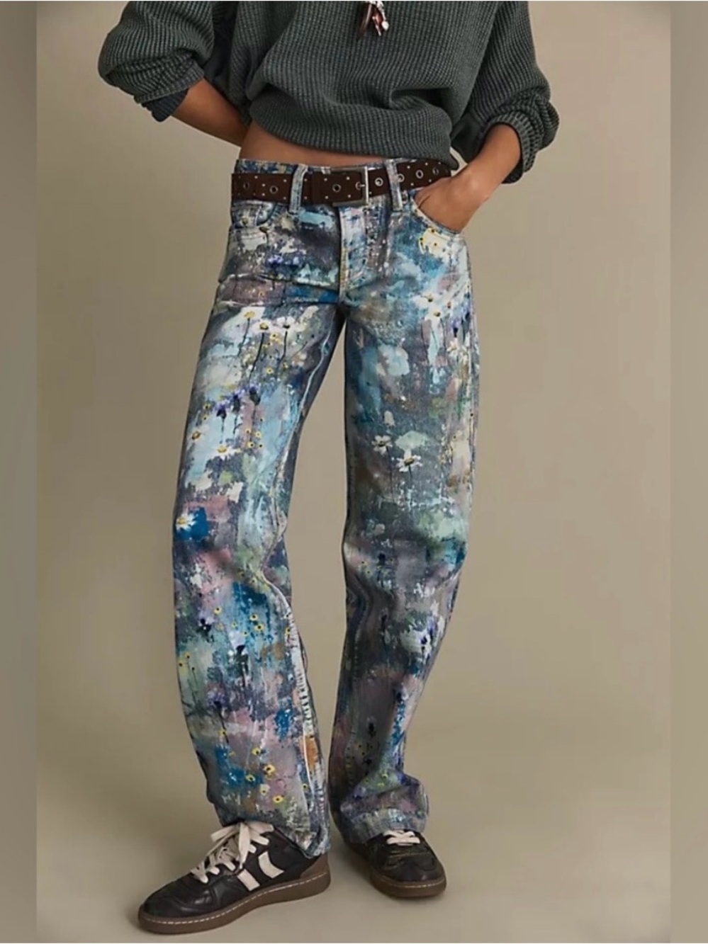 923. FREE PEOPLE  Tennessee Low-Rise Illusions Jeans in Floral Canvas NWT $198